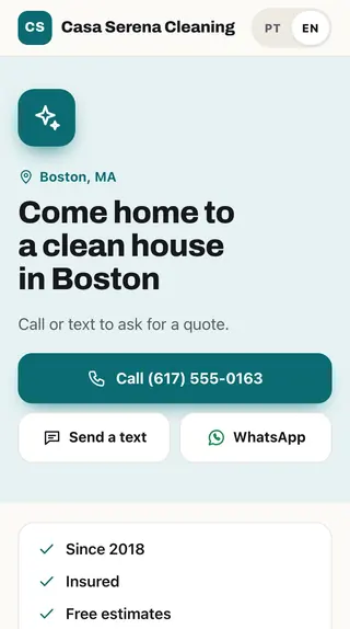 Ejemplo: página de una empresa de limpieza en Boston