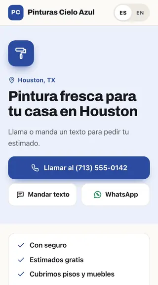 Ejemplo de página web hecha por ZapImpulso para un pintor en Houston, vista en un celular